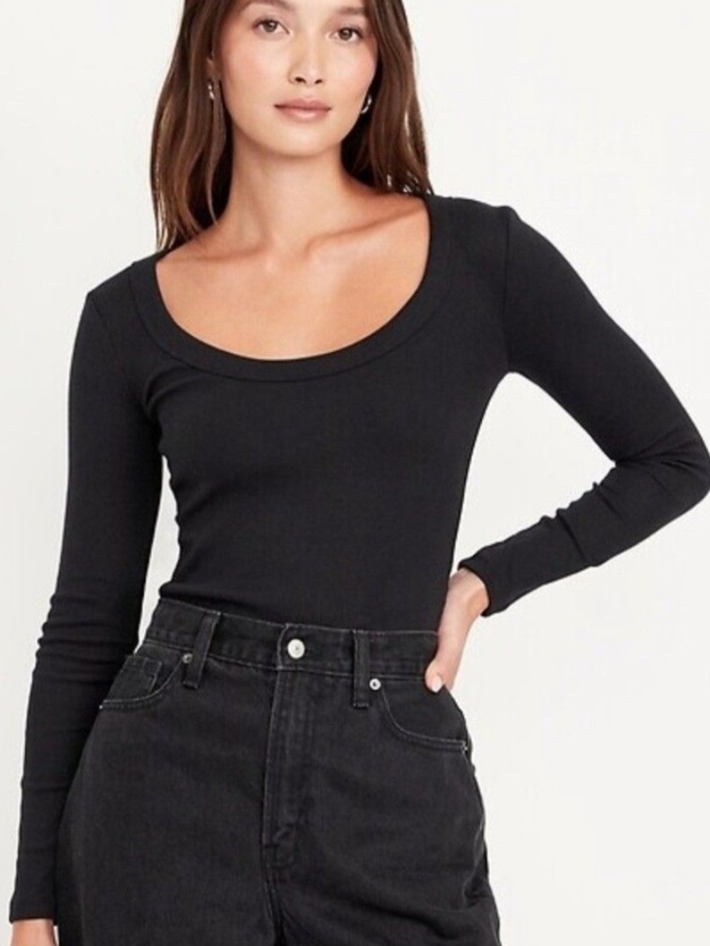 Old Navy Scoopneck Black Ribbed Slim Fit Long Sleeve Top